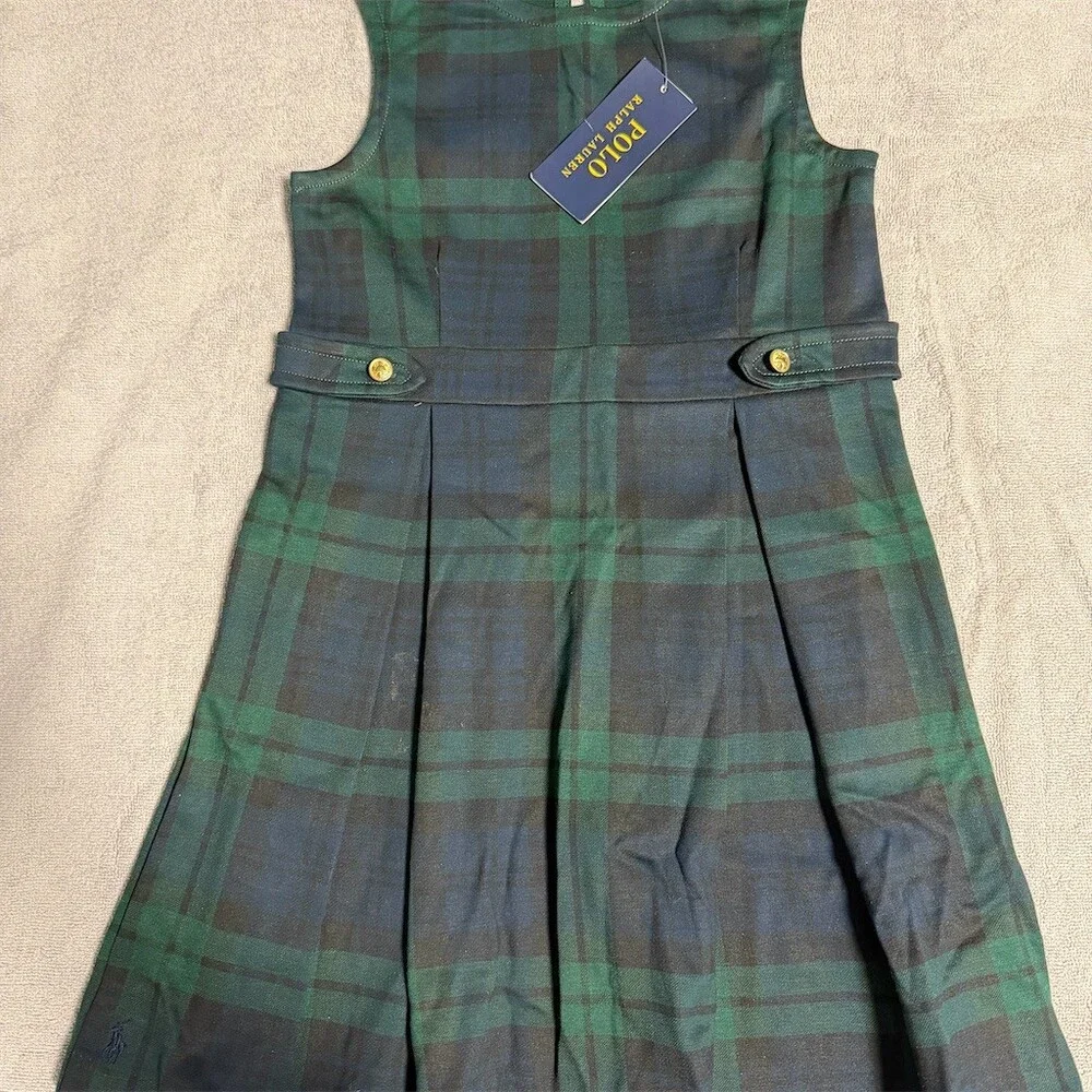 Ralph Lauren Girls Jumper Dress Size 6 Green Blackwatch Plaid Pleated